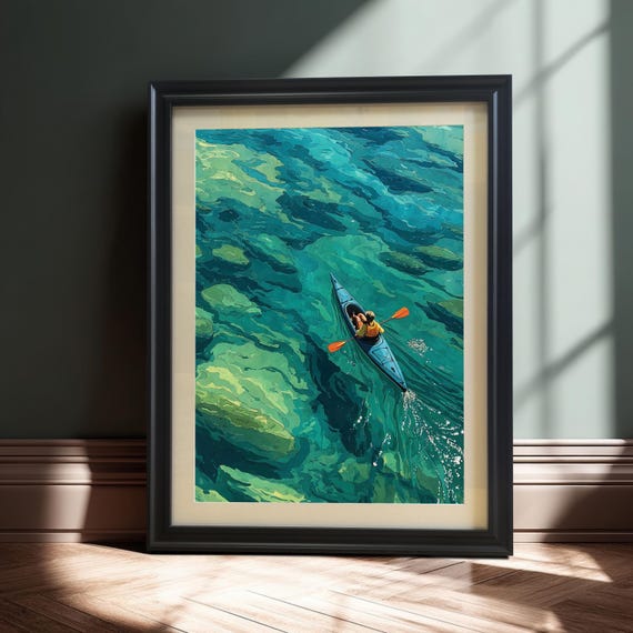 Kayaking Blue Lake Wood Framed Wall Art Gicle Print