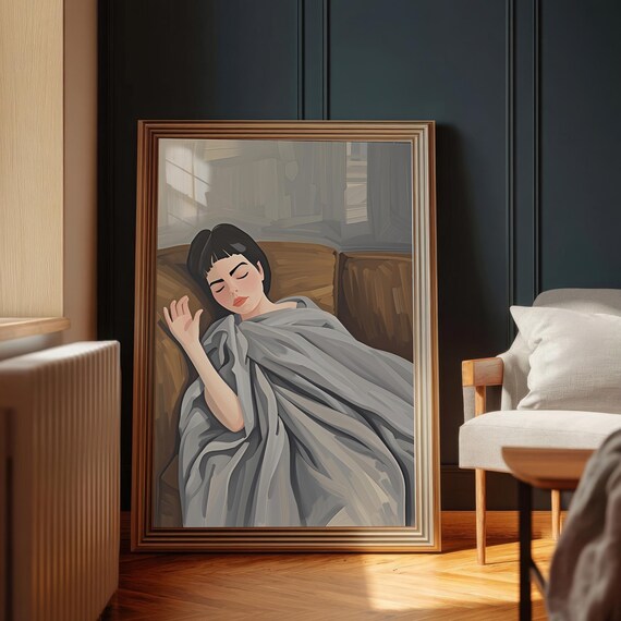 Sleeping Woman Cozy Illustration, Bedroom Wall Art