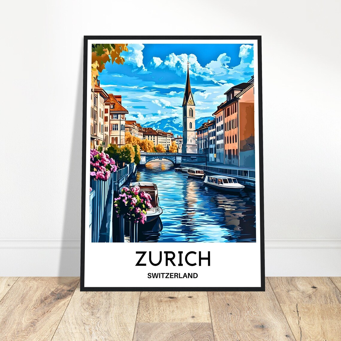 Zurich Switzerland Old Town Canal Vintage Travel Cityscape Art Poster