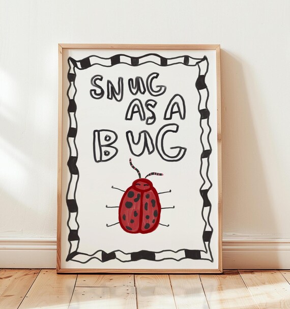 Snug As A Bug Nursery Poster Cute Ladybug Hand Drawn Kids Art