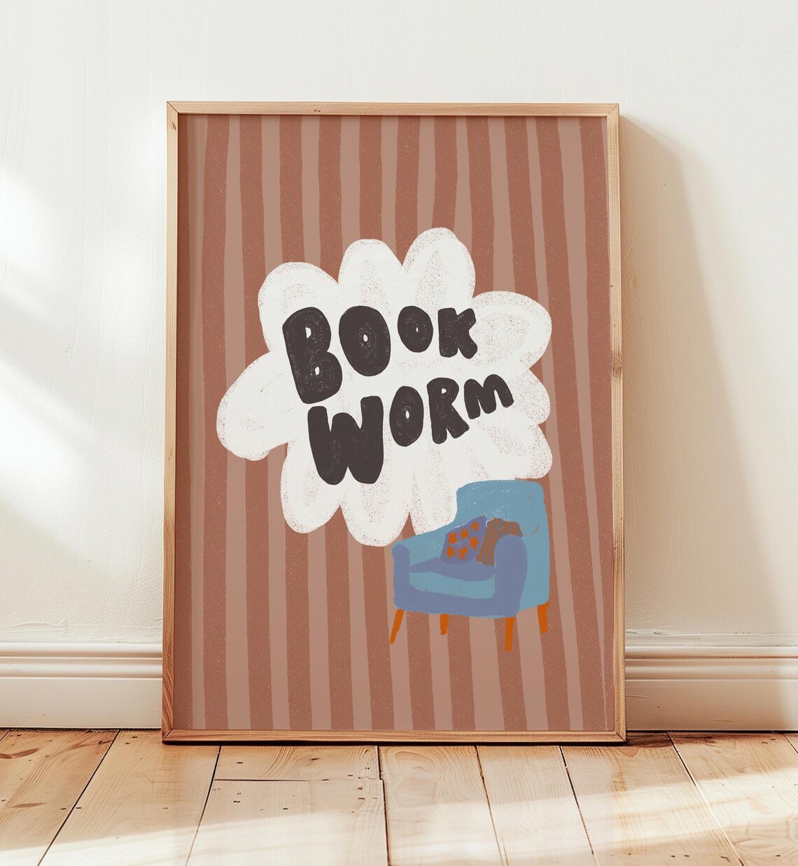 Book Worm Reading Quote Armchair Retro Striped Cozy Wall Art