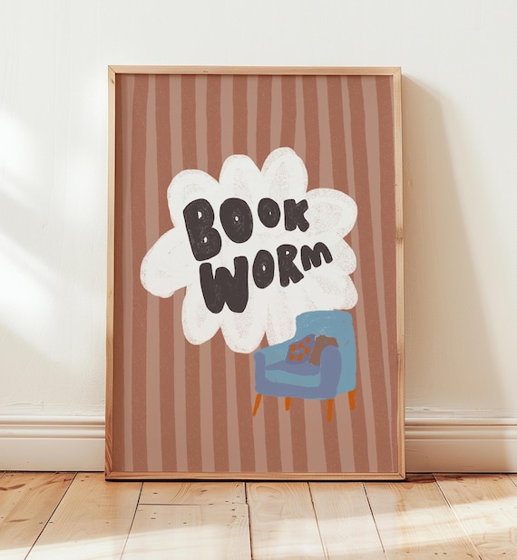 Book Worm Reading Quote Armchair Retro Striped Cozy Wall Art