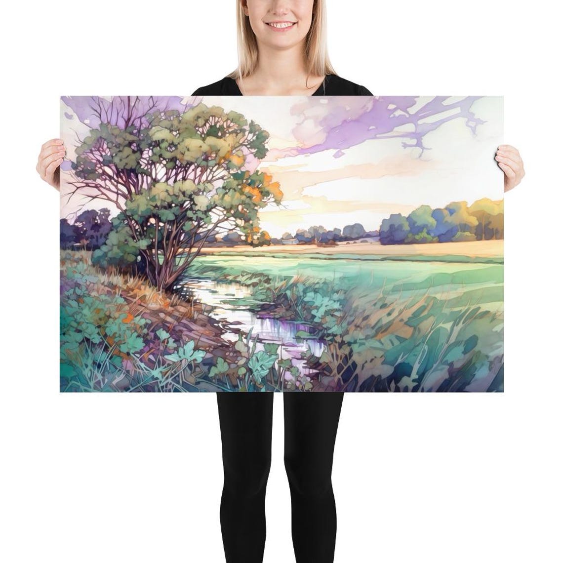 Sunlit Tree by Stream Pastel Meadow Watercolor Art Scene Poster - Image 5