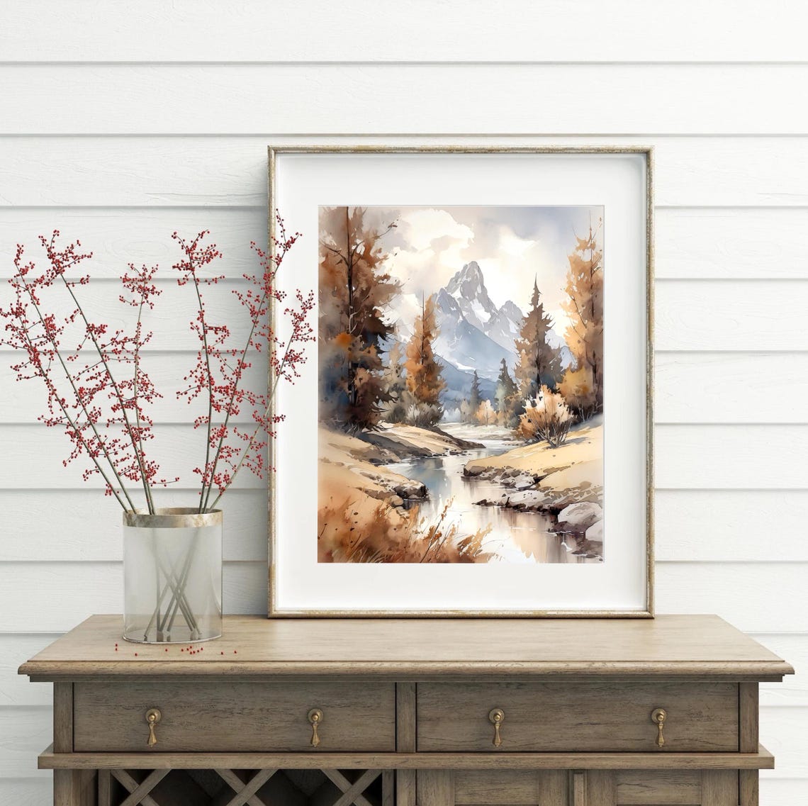 Autumn River Valley Golden Trees Snow Peak Watercolor Mountain Poster - Image 3