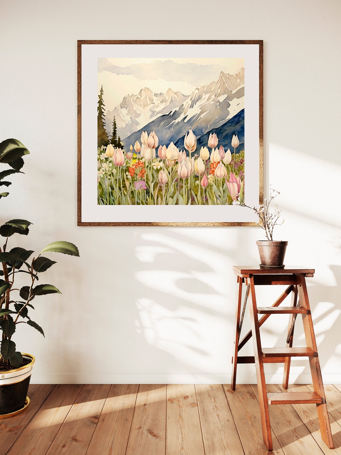 Alpine Tulips Blooming Before Snowy Mountain Peaks Watercolor Poster - Image 2