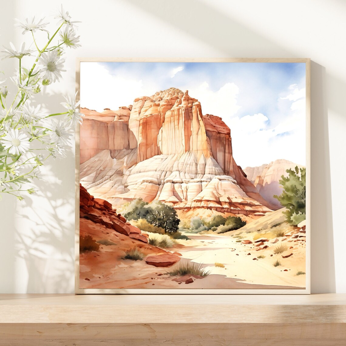 Red Rock Canyon Butte Watercolor with Desert Trail and Trees Poster - Image 5