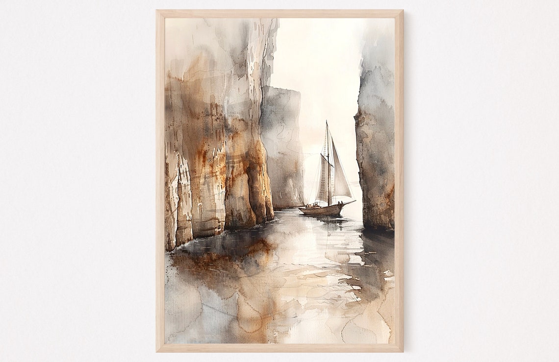 Sailboat in Narrow Sea Inlet Watercolor between Tall Cliffs Print