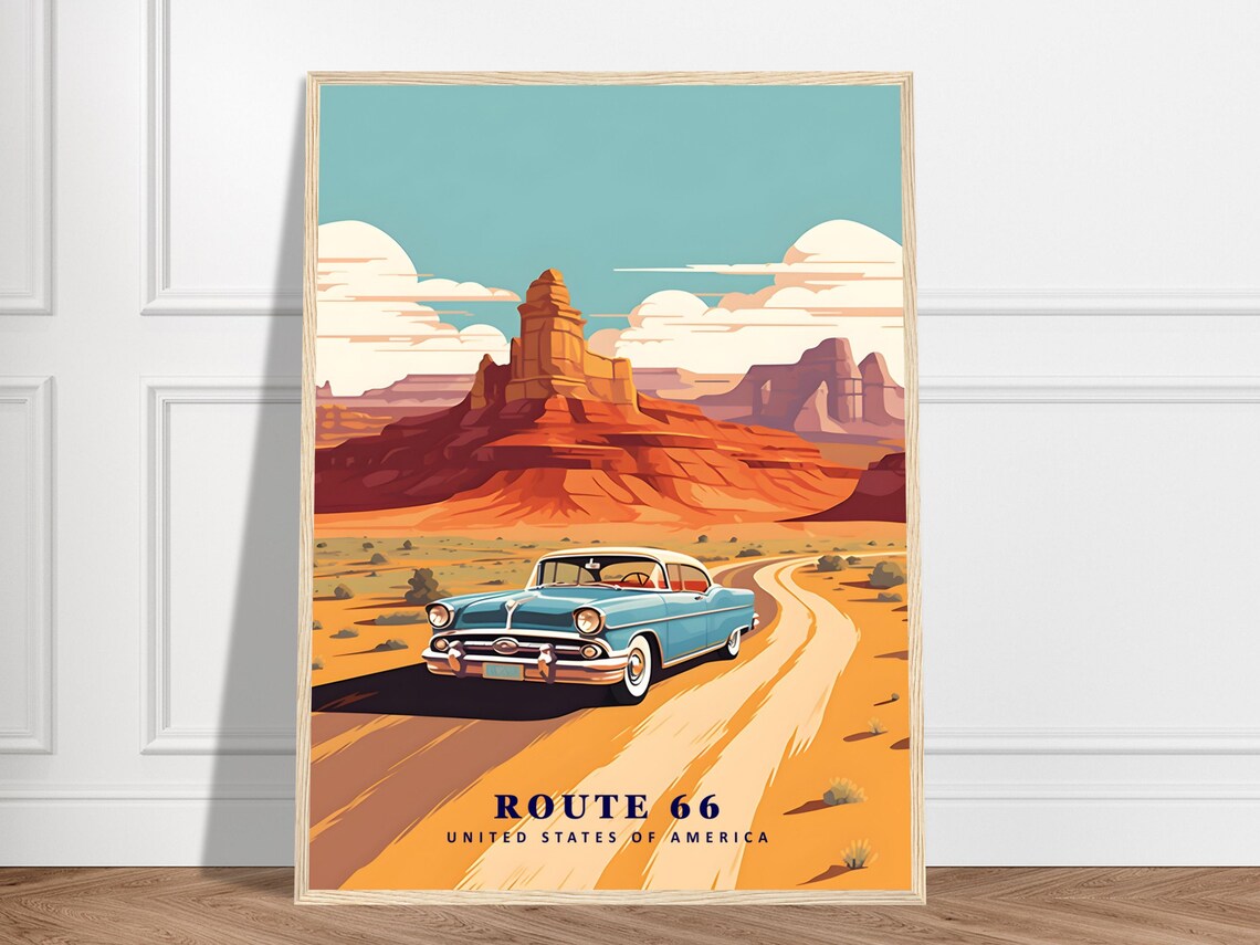 Route 66 Vintage Blue Car Red Rock Desert Road Trip Travel Poster