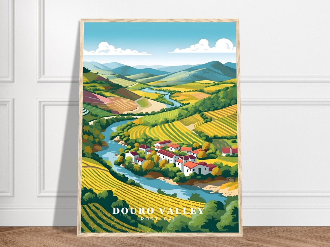 Douro Valley Portugal Travel Poster River Vineyards Village Wine Art