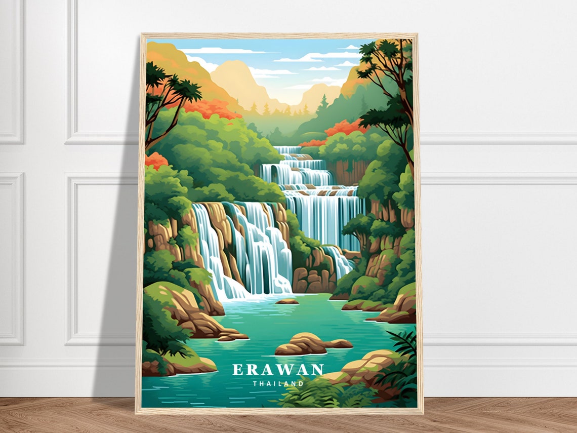 Erawan Thailand Tiered Jungle Waterfall Colorful Nature Travel Poster