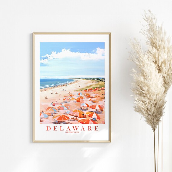 Delaware The First State Beach Umbrellas Retro Travel Poster