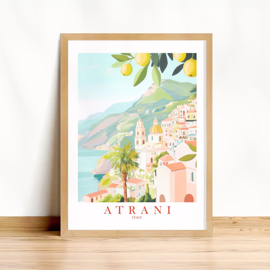 Atrani Italy Amalfi Coast Lemon Branch Pastel Retro Travel Poster