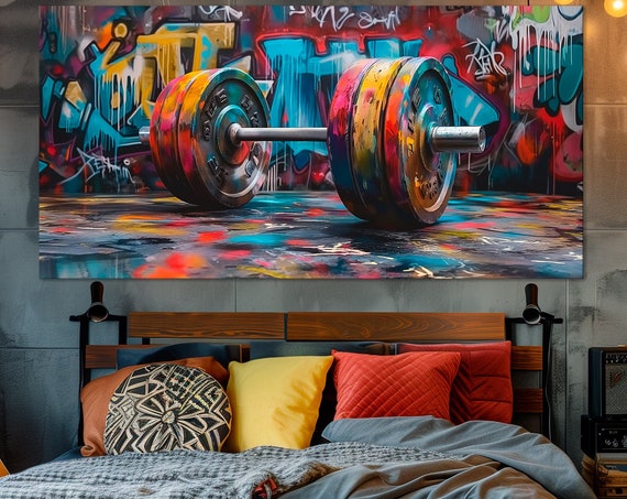 Barbell Print Home Gym Decor Graffiti Sport Wall Art Gift For Him Boys Room Art Large Wall Art Colorful Barbell Print Wall Art
