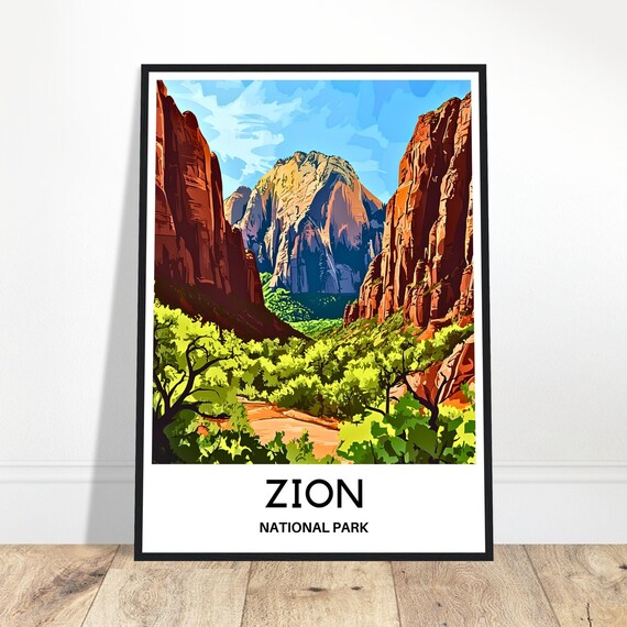 Zion National Park Travel Print Poster Art Utah Lover Gift Wall Hanging Illustration Home Office Desk Decor