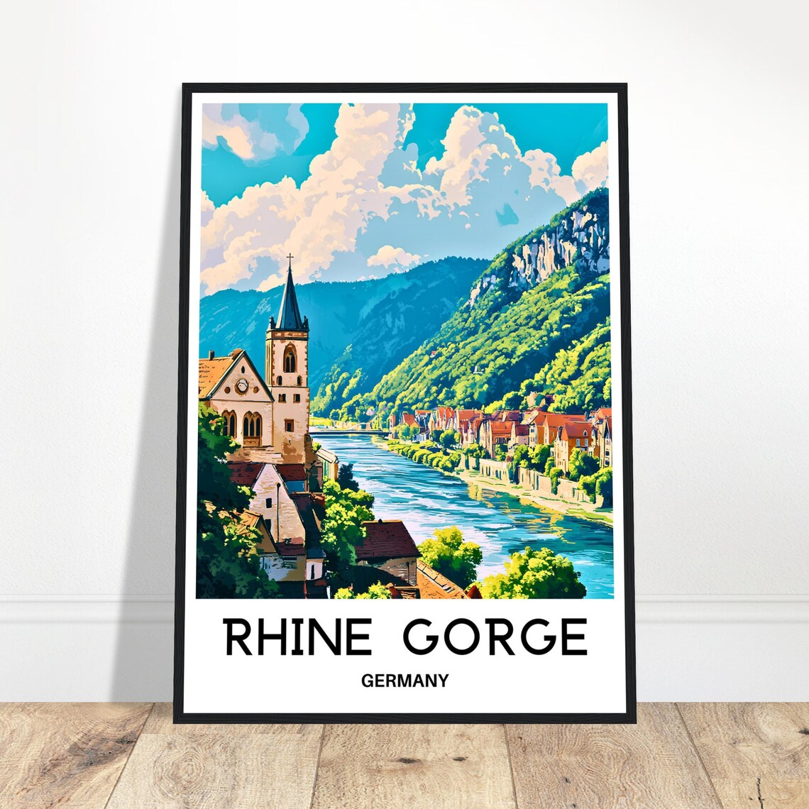 Rhine Gorge Germany Riverside Town Church Scenic Travel Poster