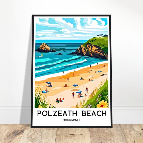 Polzeath Beach Travel Print Poster English Art England Lover Gift Wall Hanging Home Office Room Decor Cornwall Illustration
