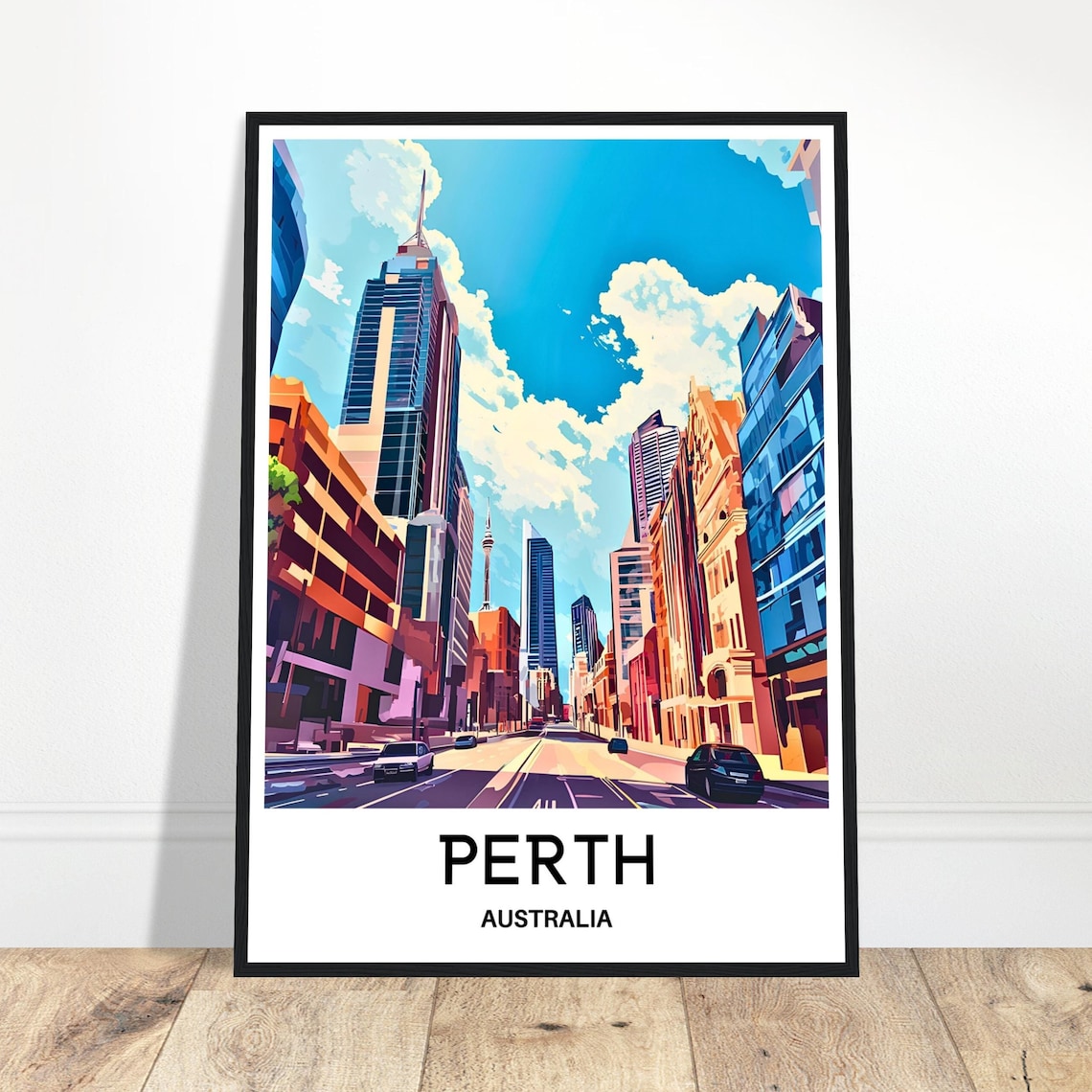 Perth Australia Downtown Street Skyscrapers Blue Sky Travel Poster