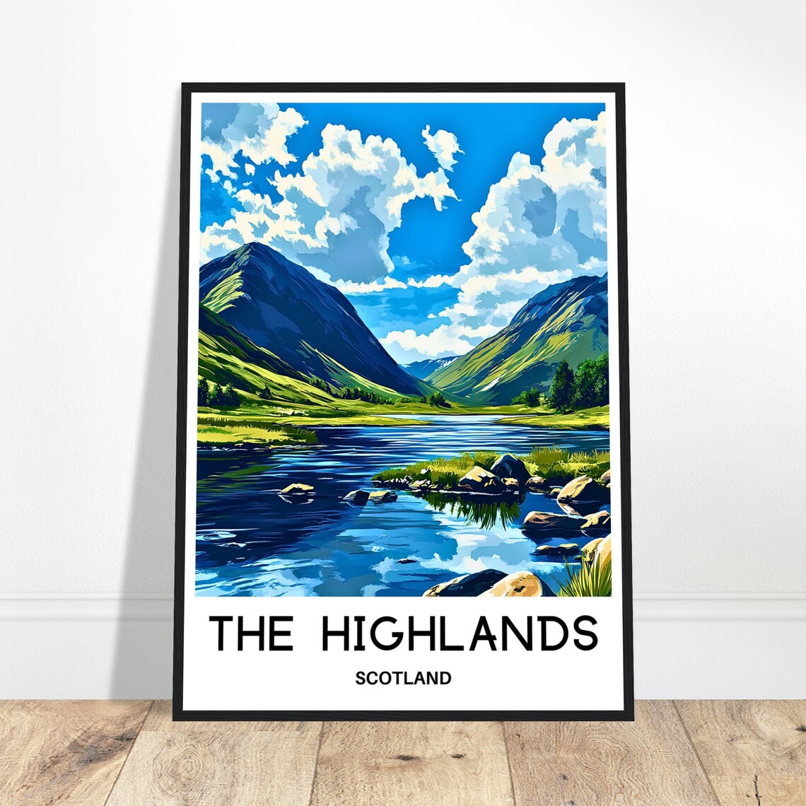 The Highlands Scotland Green Glen Loch Mountain Lake Scene Poster