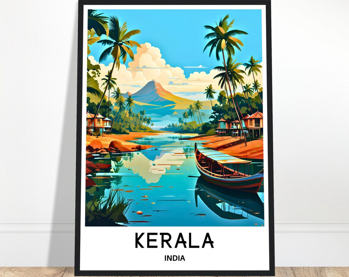 Kerala India Travel Poster of the Backwaters with Palms and a Boat