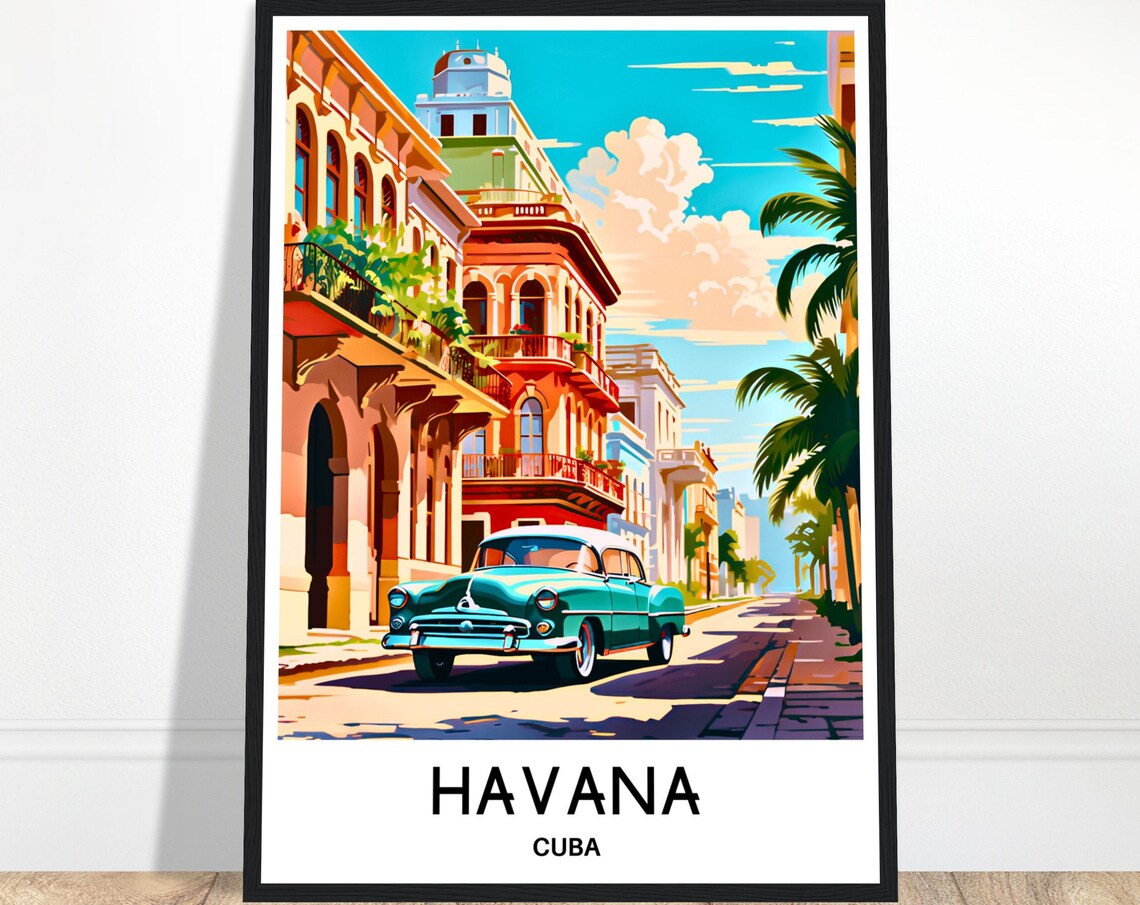 Havana Cuba Classic Car on Colonial Street Travel Poster Art