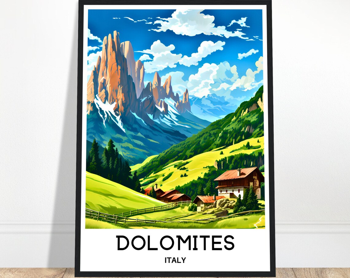 Dolomites Italy Alpine Village Mountain Spires Travel Poster