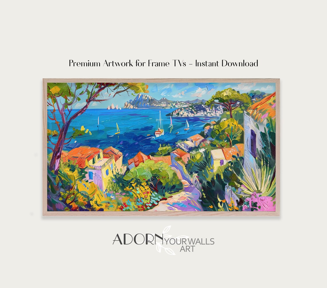 Italian Cliffside Village Terracotta Roofs Sailboats Sea Frame TV Wall Art