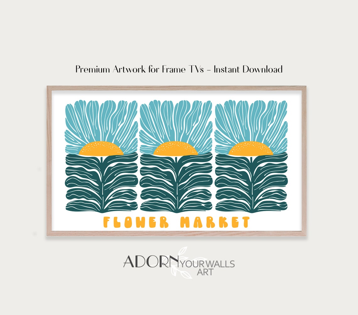 Flower Market Teal Petal Sun Bursts Gold Lettering Frame TV Wall Art