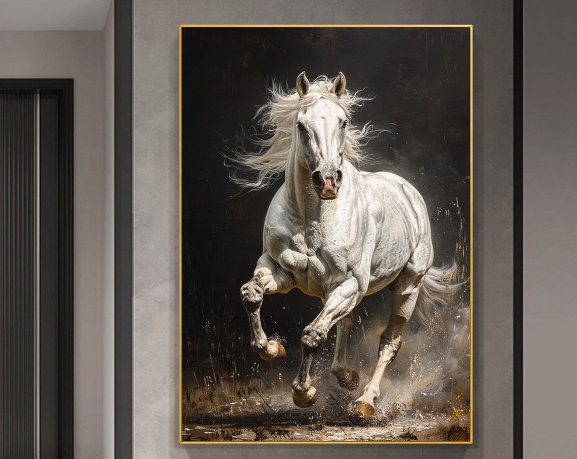 Hand Painted Running Horse Oil Painting Animal Portraits Painting White Horse Abstract Wall Art Modern Animal Painting For Living Room