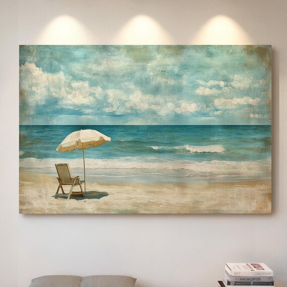 Vintage Beach Umbrella Wooden Chair Coastal Ocean Waves Poster