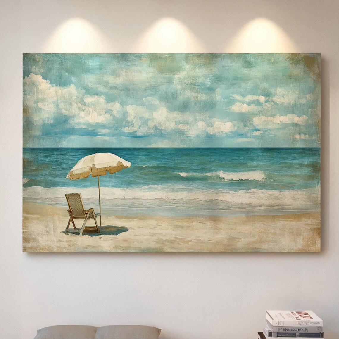 Vintage Beach Umbrella Wooden Chair Coastal Ocean Waves Poster