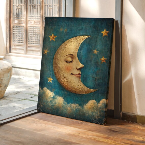Smiling Crescent Moon Celestial Vintage Night Sky Stars Poster