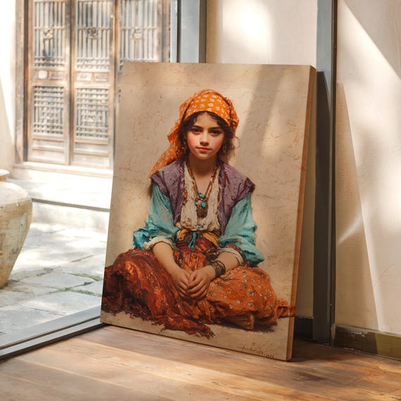 Colorful Girl in Traditional Dress, Boho Portrait Art Print