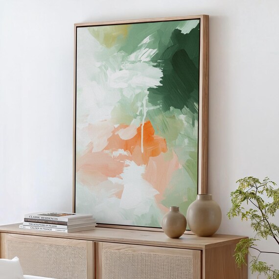 Abstract Green And Orange Brushstroke Art Minimalist Modern Wall Decor Pastel Palette For Living Room Office Or Bedroom