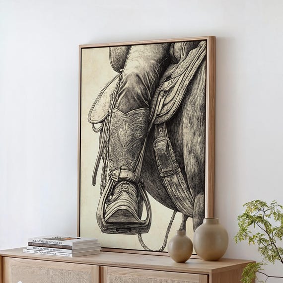 Detailed Cowboy Boot And Stirrup Ink Illustration Western Wall Art Print