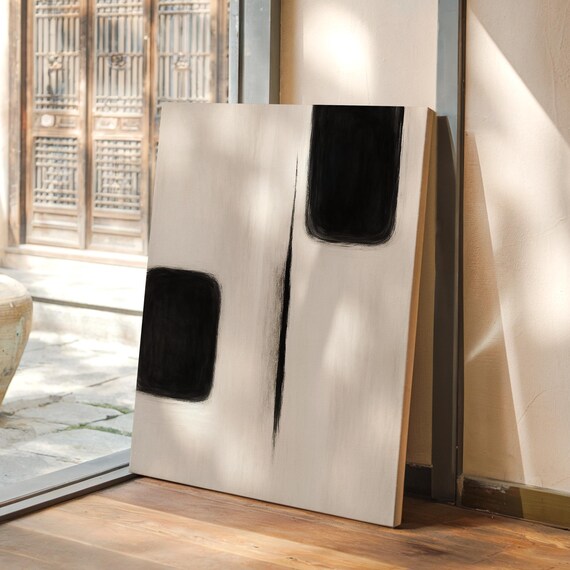 Minimalist Abstract Black And White Canvas Art With Soft Geometric Forms Vertical Line For Modern Neutral Or Scandinavian Wall Decor