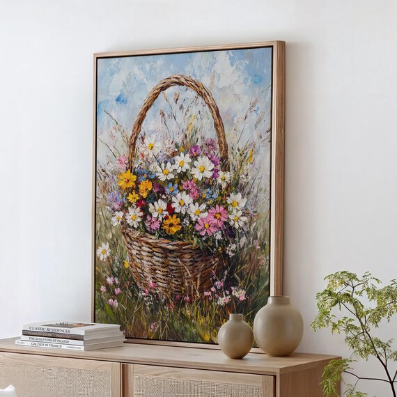 Wildflower Bouquet In Woven Basket Meadow Blooms Floral Still Life Poster