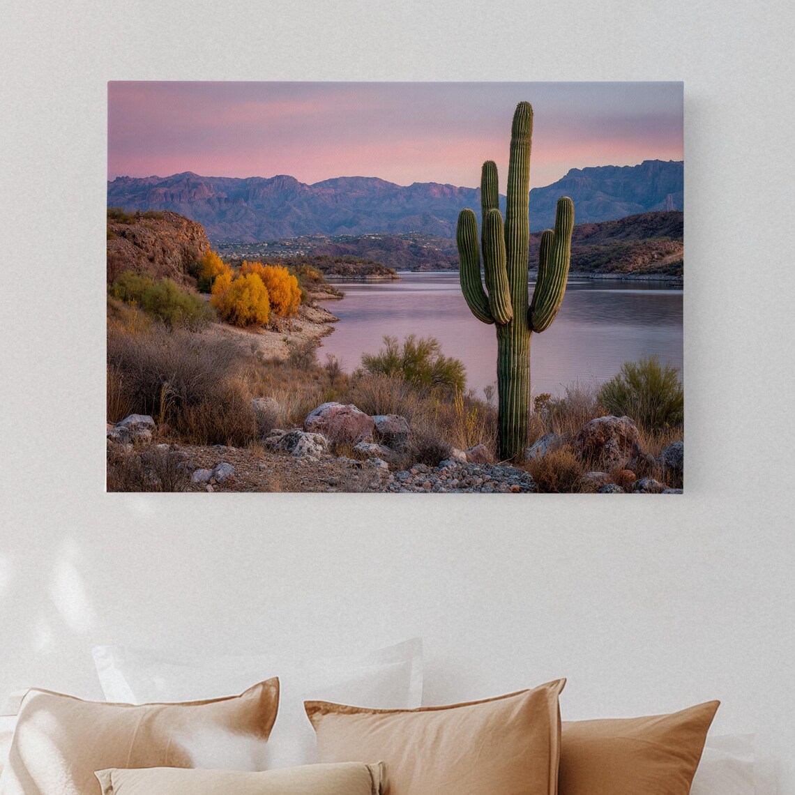 Southwest Desert Sunset Saguaro Cactus Lake Mountain Landscape Poster