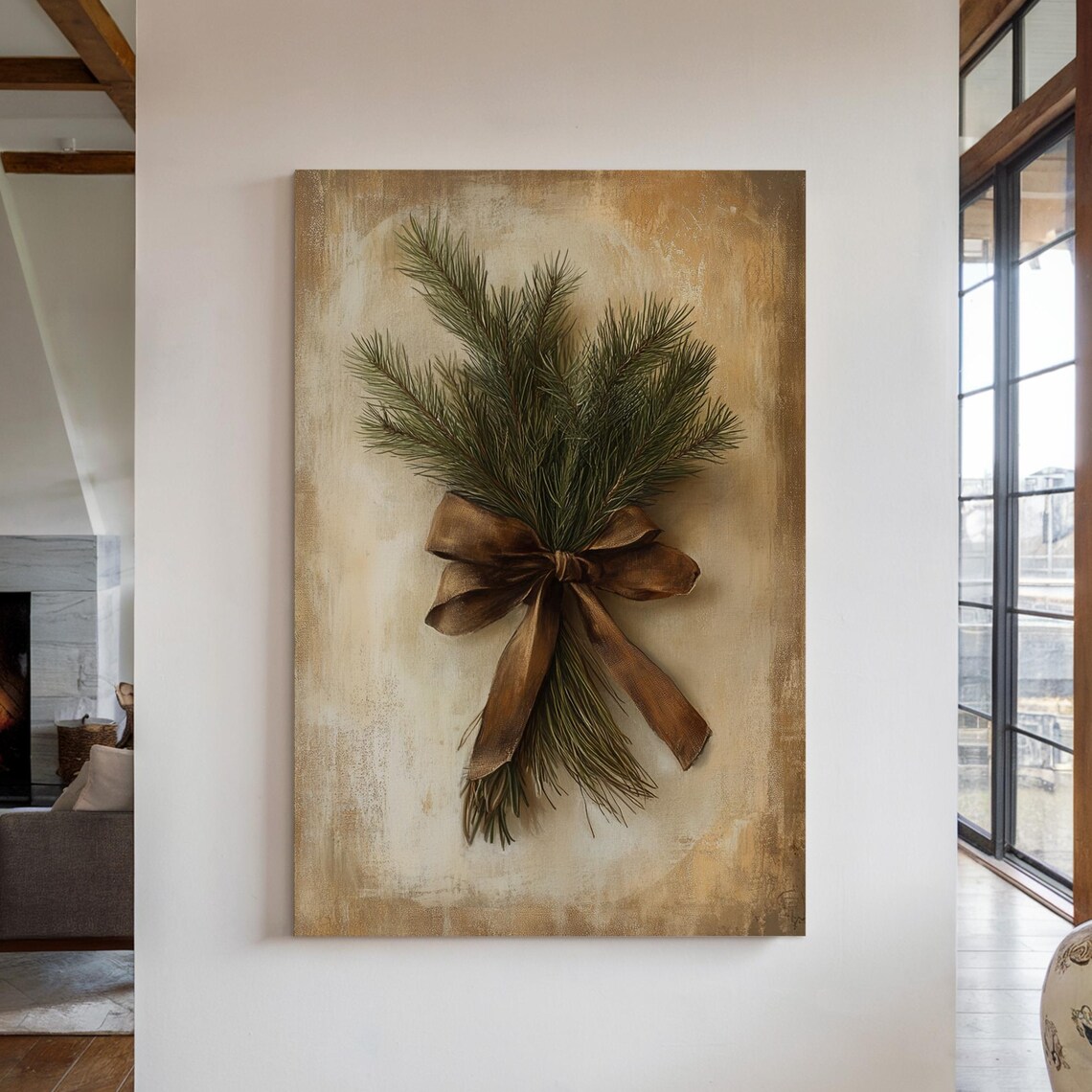 Vintage Pine Branch with Gold Ribbon Farmhouse Holiday Decor Poster