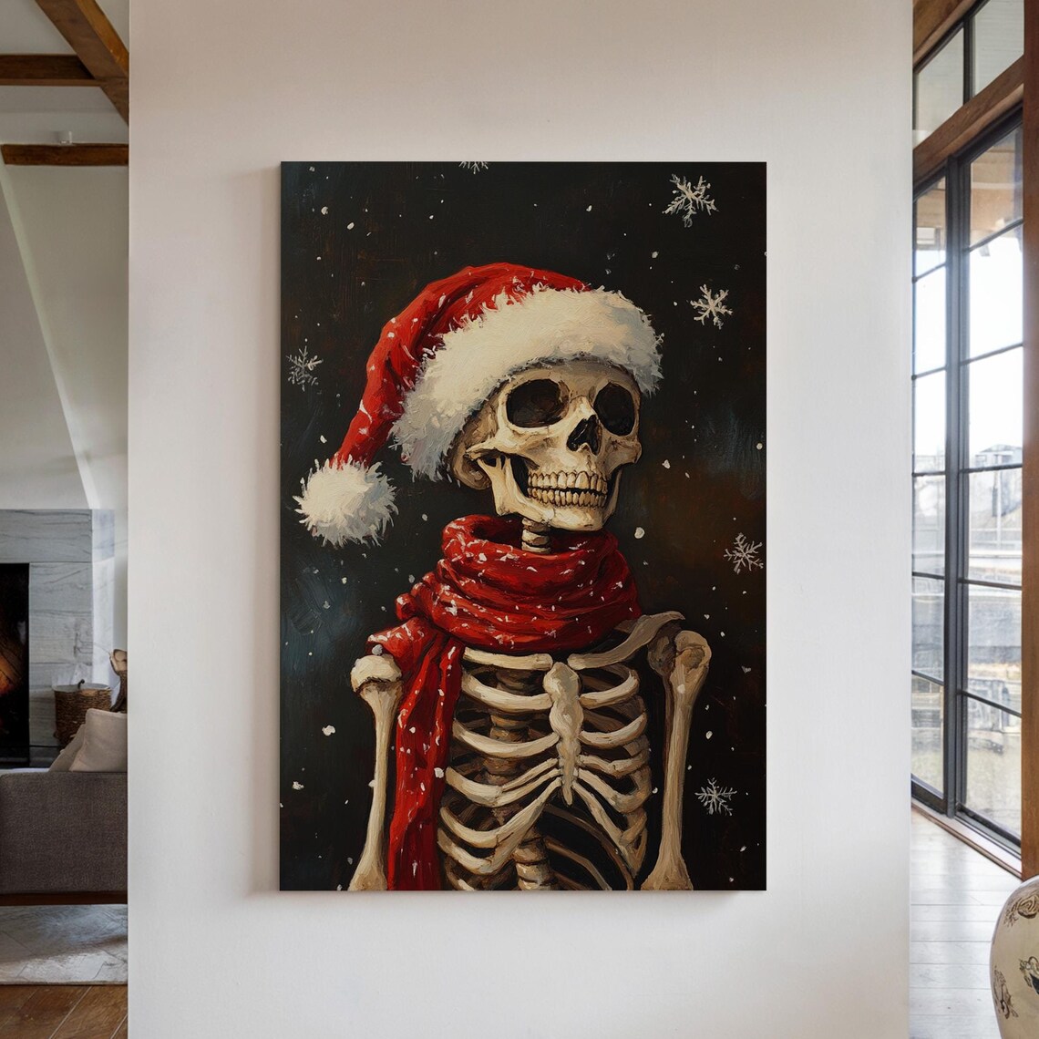 Skeleton Santa Hat Red Scarf Gothic Christmas Snowy Night Poster