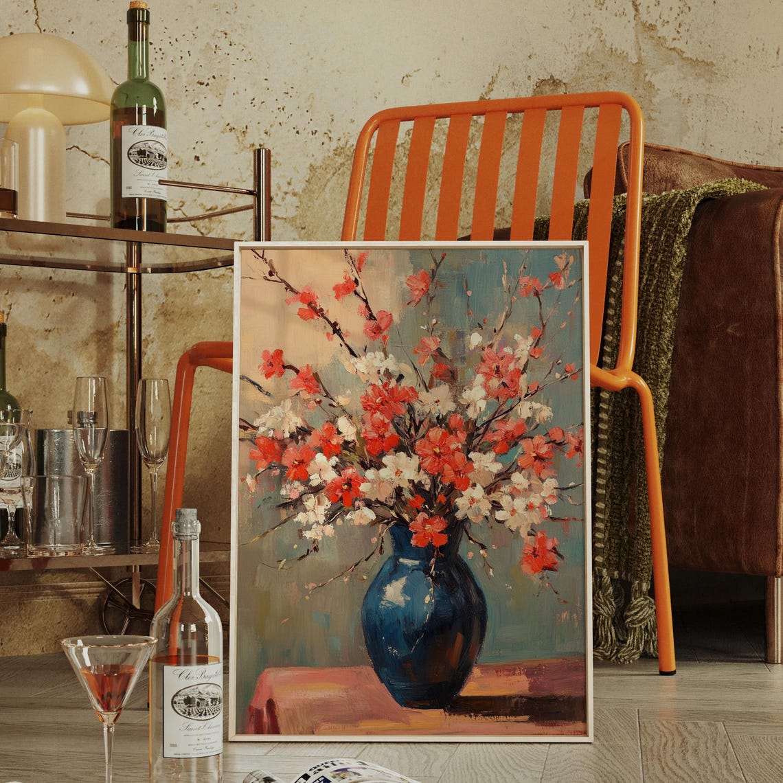 Cherry Blossom Branches in Blue Vase Impressionist Spring Poster