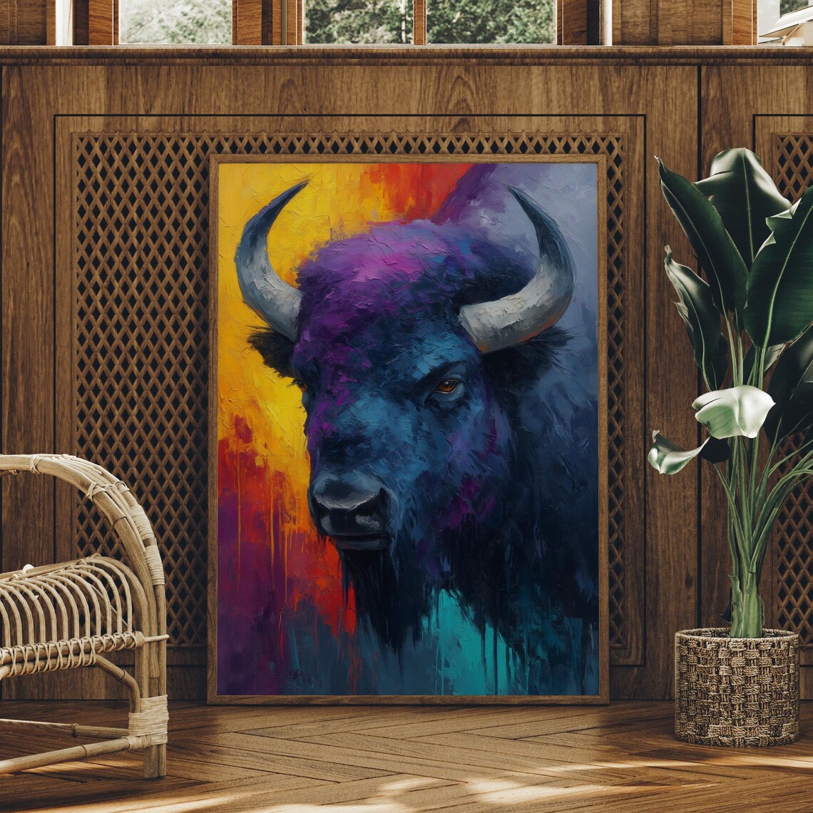 Majestic Bison Portrait Poster, Bold Colorful Abstract Wildlife Art