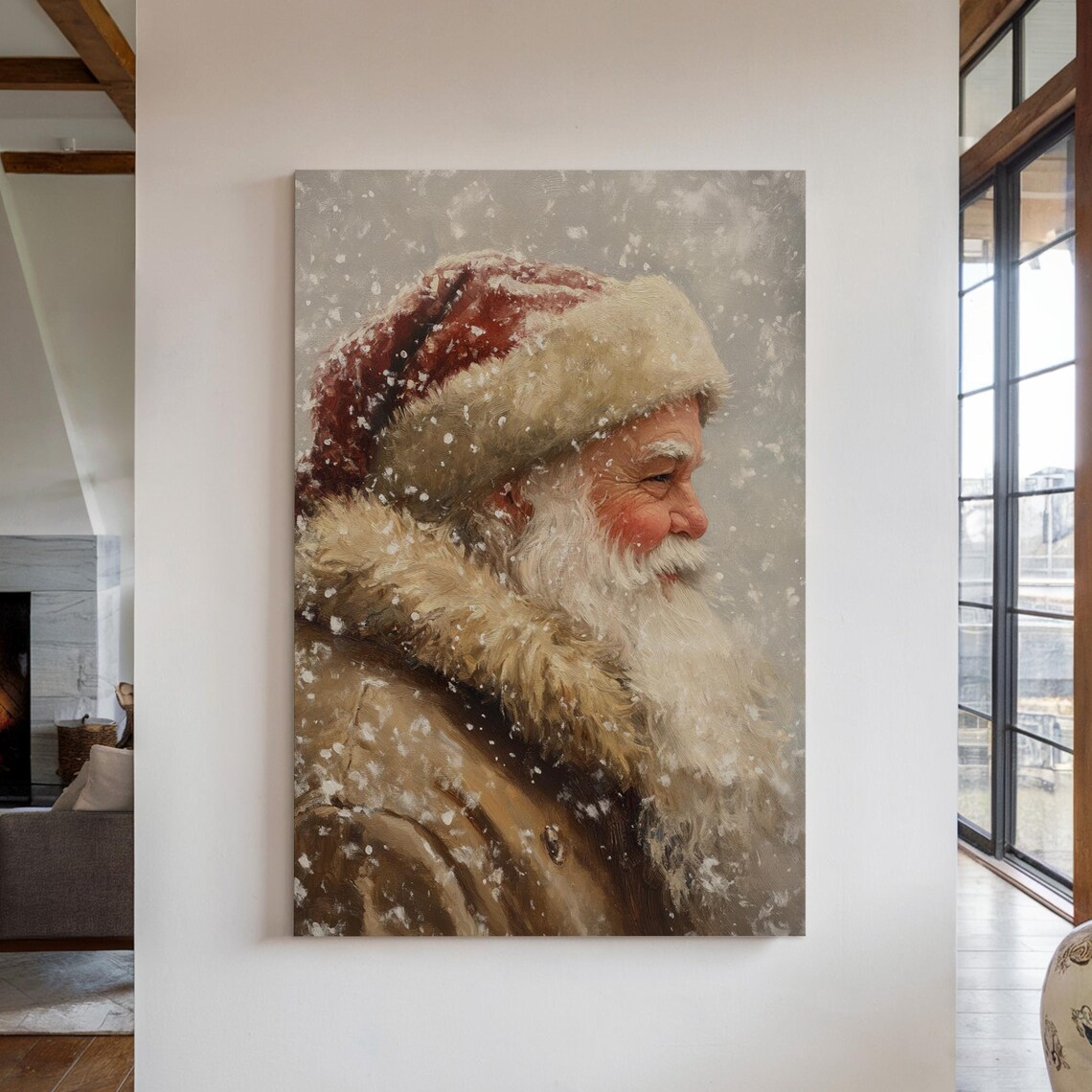 Santa Claus Profile In Falling Snow Vintage Holiday Portrait Wall Art