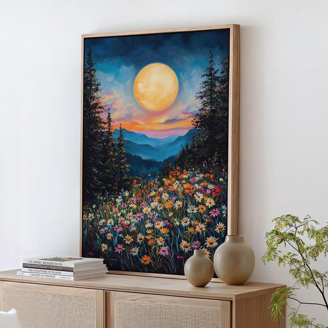 Wildflower Meadow At Full Moon, Nature Landscape