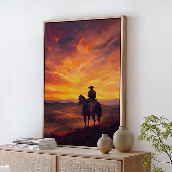 Cowboy At Sunset Art Western Landscape Poster Rustic Wall Decor Vibrant Sky And Horizon Scene