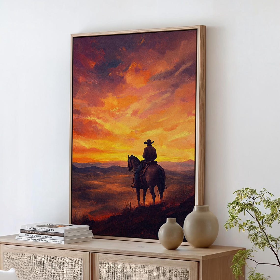 Cowboy At Sunset Art Western Landscape Poster Rustic Wall Decor Vibrant Sky And Horizon Scene