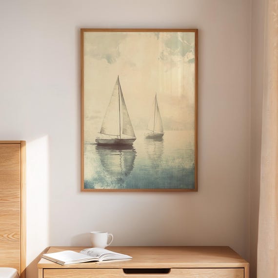 Vintage Sailboat Wall Art Nautical Coastal Print Minimalist Seascape Blue Ocean Reflection Maritime Decor Sailing