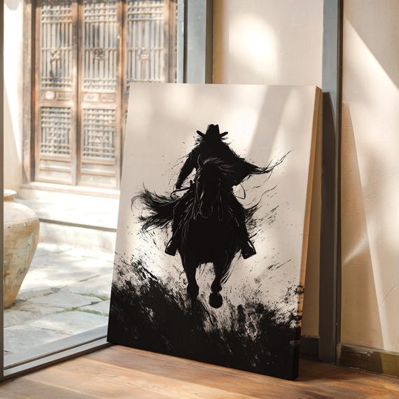 Shadow Rider Art Black And White Cowboy Silhouette Western Wall Decor Bold Ink Style Dark And Mysterious Design