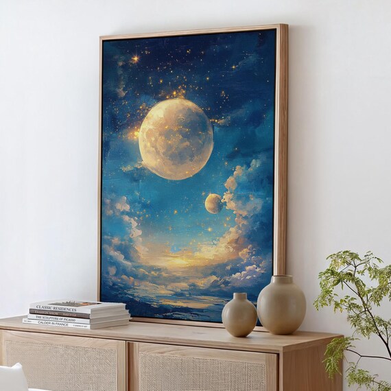 Dreamy Double Moon Art Starry Night Sky And Clouds Celestial Landscape For Tranquil Home Or Office Wall Decor