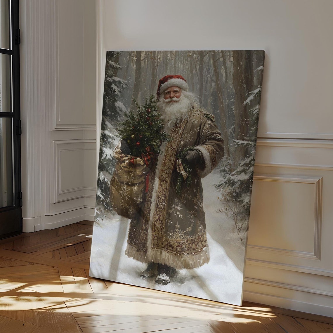 Vintage Santa Claus In Snowy Forest Rustic Christmas Wall Art