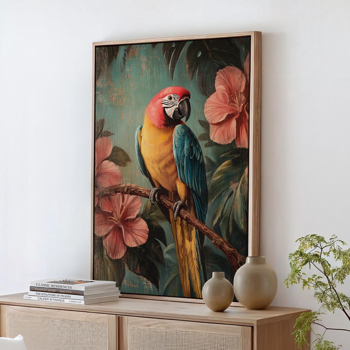 Scarlet Macaw Perched on a Branch With Pink Hibiscus Blooms Poster